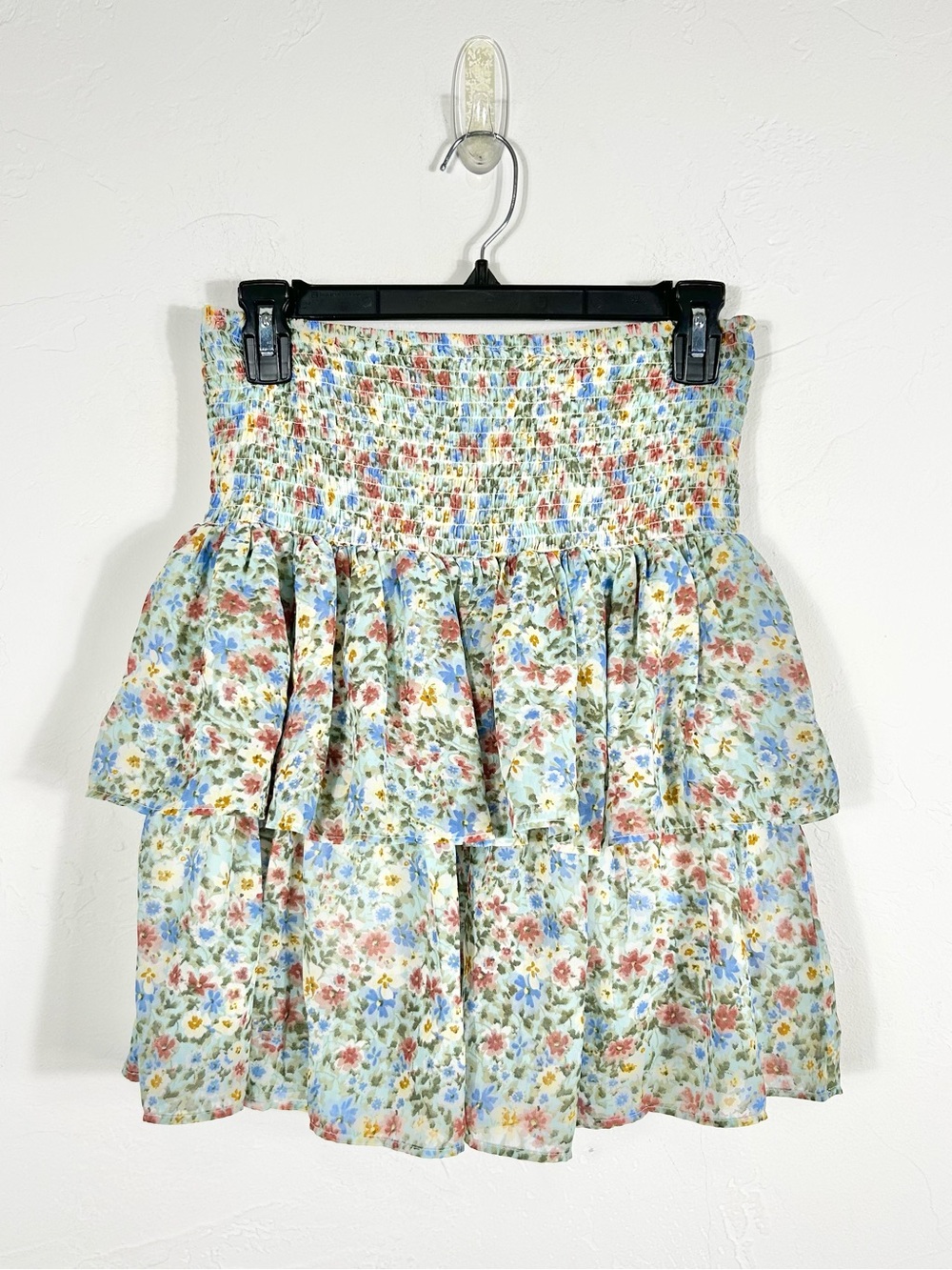 Elan Pastel Floral Chiffon Smocked High Waist Tiered Ruffle Mini Skirt